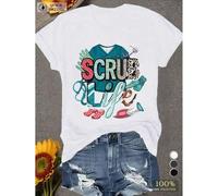 Shein Women's Scrub Life Graphic T-Shirt - Soft Short Sleeve, Casual Medical Design with Stethoscope & Nurse Cap Print, Black Comfort Fit for Healthcare