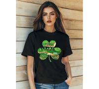 Shein Women's St. Patrick's Day Four Leaf Clover Love Cartoon Print T-Shirt Fashion Short Sleeve Round-Neck Slm Fit Tops Summer Casual Streetwear