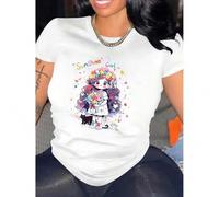 Shein Women's Sunshine Girl Graphic Tee - Black Casual Crew Neck Short Sleeve T-Shirt with Floral Illustration, Comfortable Summer Top for Casual Attire, Pl