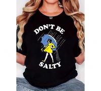 Shein Women'S T-Shirt, "DON T BE SALTY. Girl in Yellow Dress Holding Umbrella in Rain" Print, Retro Minimalist Fashion, Round Neck, Casual Comfort, Sports S