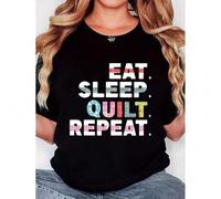 Shein Women'S T-Shirt, "EAT SLEEP QUILT REPEA" Print, Retro Minimalist Fashion, Crew Neck, Casual Comfort, Sports Short Sleeve T-Shirt