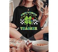 Shein Women'S T-shirt, "four-leaf Clover Take The Book Of St. Paddy'S Day" Print, Vintage Simple Fashion, Round Neck, Casual And Comfortable, Sporty Short-s