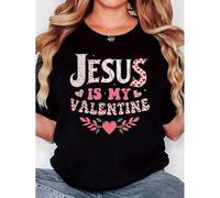 Shein Women'S T-Shirt, "JESUS IS MY VALENTINE" Print, Retro Minimalist Fashion, Round Neck, Casual Comfort, Sports Short Sleeve T-Shirt
