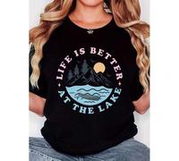 Shein Women's T-shirt, "LIFE IS BETTER AT THE LAKE" print, retro minimalist fashion, round neck, casual comfort, sports short sleeve T-shirt