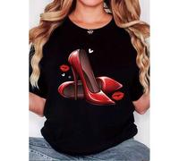 Shein Women'S T-shirt, "Red Lips, Red Heels" Print, Retro Minimalist Fashion, Round Neck, Casual And Comfortable, Sporty Short-sleeved T-shirt