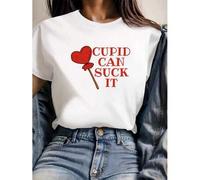 Shein Women'S Valentine'S Day Casual Crew Neck T-Shirt, Regular Length, Summer Slim Fit Top with "Cupid Can Suck It" Tee For Adult, Men, Women, Teen, Teena