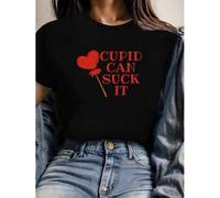 Shein Women'S Valentine'S Day Casual Crew Neck T-Shirt, Regular Length, Summer Slim Fit Top with "Cupid Can Suck It" Tee For Adult, Men, Women, Teen, Teena
