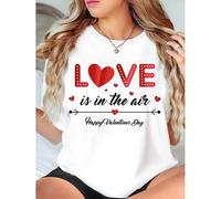Shein Women'S Valentine'S Day T-Shirt, "LOVE is in the air" Letter Print, Casual Crew Neck, Short Sleeve Top, 95% Polyester 5% Elastane, Regular Fit, All Se