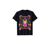Shein Women's Vibrant Mexican Mazahua Lele Maria T-Shirt - Cartoon Folk Art Graphic, Short Sleeve, Cotton, Casual & Comfy, Machine Washable, Black with