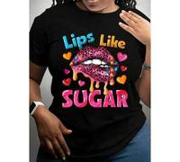 Shein Women's Vintage Lip Graphic T-Shirt - "Lips Like Sugar" Print with Leopard & Hearts, Short Sleeve Casual Top, Machine Washable Spring/Su