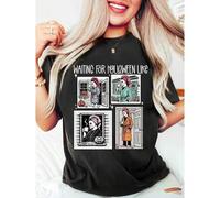Shein Women's White Halloween T-Shirt "Waiting for Halloween Like" Graphic Tee with 4 Spooky Season Panels, Stretchy Casual Round Neck Shirt, Mach