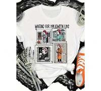 Shein Women's White Halloween T-Shirt "Waiting for Halloween Like" Graphic Tee with 4 Spooky Season Panels, Stretchy Casual Round Neck Shirt, Mach