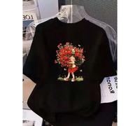 Shein Women's Y2K Floral Print Graphic T-Shirt - Black Short Sleeve Crew Neck Top with Vibrant Flowers & Butterflies Design, Lightweight Polyester for Sprin