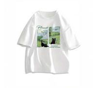 Shein Women'S Y2K Summer Graphic Tee - "Pleasant" Cat Illustration, "The Darkest Is Before the Dawn" Quote, Green & Blue Nature Scen