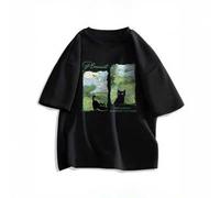 Shein Women'S Y2K Summer Graphic Tee - "Pleasant" Cat Illustration, "The Darkest Is Before the Dawn" Quote, Green & Blue Nature Scen