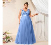 Shein XUCTHHC Vestido de Dama de Honor Azul Talla Grande con Cuello en V, sin Mangas, Bordado de Plantas, Lentejuelas&Malla, Corte A, Elegante Vestido de Fi