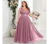 Shein XUCTHHC Vestido de Dama de Honor Talla Grande con Cuello en V, sin Mangas, Bordado de Plantas, Lentejuelas&Malla, Dobladillo en A, Vestido Elegante de