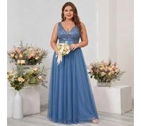 Shein XUCTHHC Vestido de Dama de Honor Talla Grande Elegante con Cuello en V, sin Mangas, Bordado de Plantas, Lentejuelas&Malla, Corte A, Vestido de Fiesta