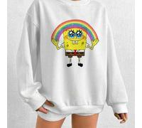 Shein ¡Ya está aquí la nueva colección de primavera y otoño! [Serie Arcoíris de Bob Esponja] Sudadera blanca de cuello redondo para mujer, top holgado de pr