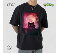 Shein YYGG X Pokémon | Camiseta gráfica creativa de manga corta, ideal para cualquier temporada. Diseño único y creativo de gato y luna, estilo artístico, u