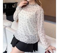 Shein Zan Sakura Edición limitada de la última temporada de flores de cerezo Talla grande Blusa de manga larga con cuello medio alto, volantes y malla, en e