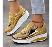 Shein Zapatillas casuales con suela gruesa para mujer, zapatos de plataforma con brillo y transpirables, zapatos de verano, zapatos con elevador - Dorado