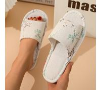 Shein Zapatillas de casa de mujer con estampado de flores de una sola banda, antideslizantes, para otoño/invierno, zapatillas de interior de tela de moda pa
