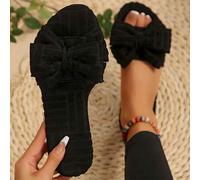 Shein Zapatillas de casa de mujer de tipo peep toe con lazo, de unicolor de franela, estilo informal del Sureste Asiático, estilo europeo y americano para o