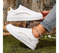 Shein Zapatillas de deporte a rayas doradas para mujer de talla grande, zapatos escolares versátiles blancos, zapatos planos de moda tipo patineta, nuevos t