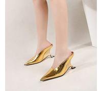 Shein Zapatillas de mujer con tacón de cuña de 9 cm de altura y punta baja, de piel charol de microfibra, estilo europeo y americano, para exteriores, mules