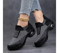 Shein Zapatillas deportivas casuales de punto negro y gris con diseño retro, zapatos tipo calcetín deslizantes para mujer