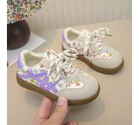 Shein Zapatillas deportivas para niñas pequeñas con estampado floral pequeño, zapatos casuales de skate con patchwork de ante suave, suela de goma antidesli