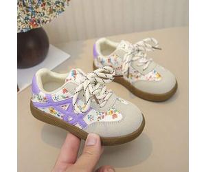 Shein Zapatillas deportivas para niñas pequeñas con estampado floral pequeño, zapatos casuales de skate con patchwork de ante suave, suela de goma antidesli
