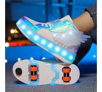 Shein Zapatos con ruedas con frenos, alas de cisne brillantes, opción de color rosa/blanco/negro, 4 ruedas con luz, patines de ruedas de uso dual de moda de