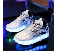 Shein Zapatos con ruedas con luces LED de 7 colores recargables, patines con ruedas dobles y suela USB, botón giratorio, para niños, niñas, niños, baile cal