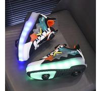 Shein Zapatos con ruedas iluminados con luces LED para niños, con baterías recargables. Zapatos deportivos informales de malla trenzada multicolor con boton