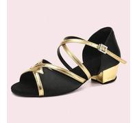 Shein Zapatos de baile latino para mujer, zapatos de baile de tacón bajo para niñas, sandalias de práctica y actuación de rumba y cha cha