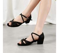 Shein Zapatos de baile latino para niñas, zapatos de baile de interior con tacón bajo y correa ajustable con hebilla, sandalias de baile para práctica y act