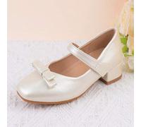 Shein Zapatos de ballet Mary Jane de tacón grueso y tacón alto con lazo blanco champán para niñas, elegantes zapatos de vestir formales para vacaciones, act