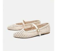 Shein Zapatos de ballet tipo Mary Jane de alta gama, hechos a mano y tejidos para mujeres de ADAMUMU, con hebilla metálica, textura tejida transpirable, cóm