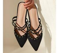 Shein Zapatos de mujer con puntera afilada, elegantes, decorados con remaches y detalle de lazo, zuecos planos negros para vacaciones de verano, zapatos de