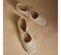 Shein Zapatos de mujer de cuerda de cáñamo de color albaricoque, zapatos planos de estilo francés para vacaciones, estilo BOHO, estilo retro americano, esti