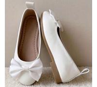 Shein Zapatos de niña de cuero PU blanco para verano 2026, zapatos de princesa elegantes de moda con lazo de satén favoritos de niñas de 3-10 años, zapatos