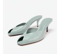 Shein Zapatos de tacón alto con punta abierta para mujer, estilo de pasarela de moda, mismo estilo que Song Jia, tacón de aguja, punta cuadrada, una correa,