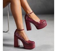 Shein Zapatos de tacón grueso alto con plataforma y tira en el tobillo color vino tinto, para el Día de San Valentín