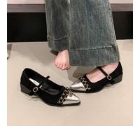 Shein Zapatos de tacón grueso con punta puntiaguda de estilo patchwork negro y versátil para mujeres. Nuevos zapatos Mary Jane de tacón medio con hebilla me