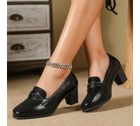 Shein Zapatos de tacón grueso negros de estilo británico a la moda, que combinan con cualquier vestido, zapatos de trabajo de punta cuadrada, elegantes, bom