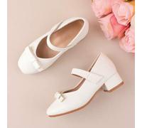 Shein Zapatos de vestir de tacón grueso y elegante con lazo blanco para niñas, adecuados para ocasiones formales, vestidos, actuaciones, ballets, bodas, fie