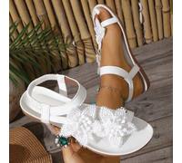 Shein Zapatos elegantes decorados con flores para mujer, diseño lindo de punta abierta, sandalias de estilo de cuento de hadas de verano para vacaciones. Ta
