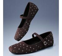 Shein Zapatos Mary Jane de ante marrón retro con remaches, zapatos planos versátiles para mujeres con estilo francés, ideal para vacaciones, uso de verano,
